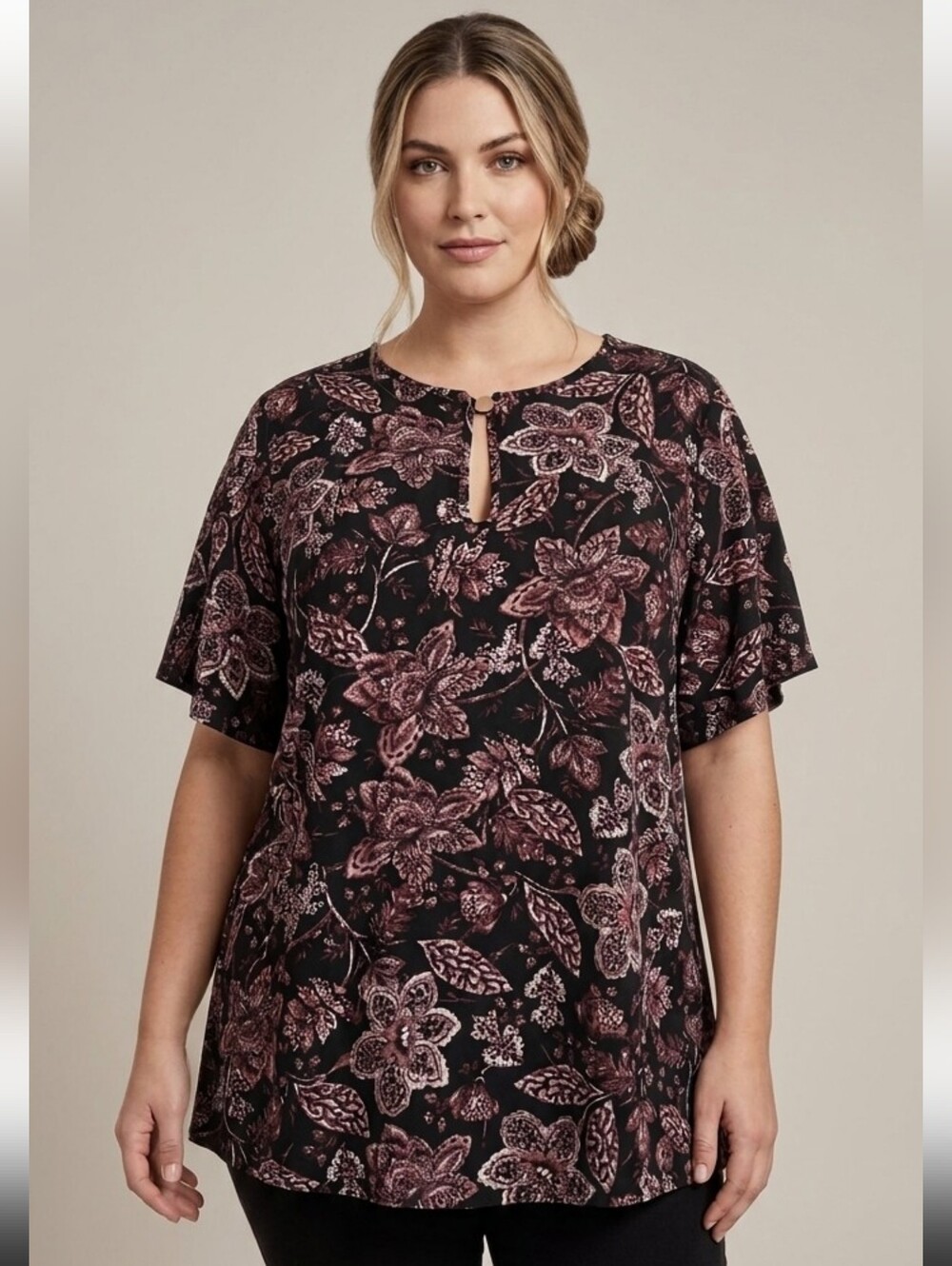 Penningtons Black Floral Keyhole Blouse With Short Flutter Sleeves,Plus Size 2X